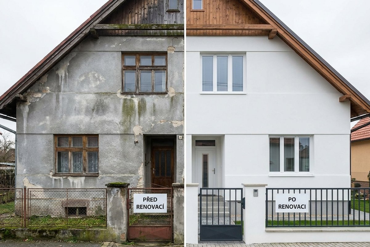Fasáda před a po — akrylátový nátěr