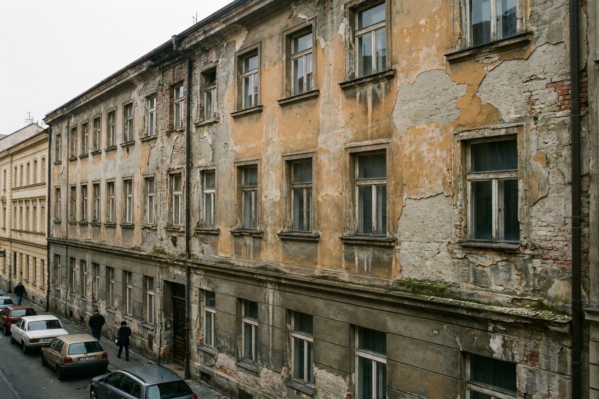 Stav fasády před renovací — odlupující se nátěr