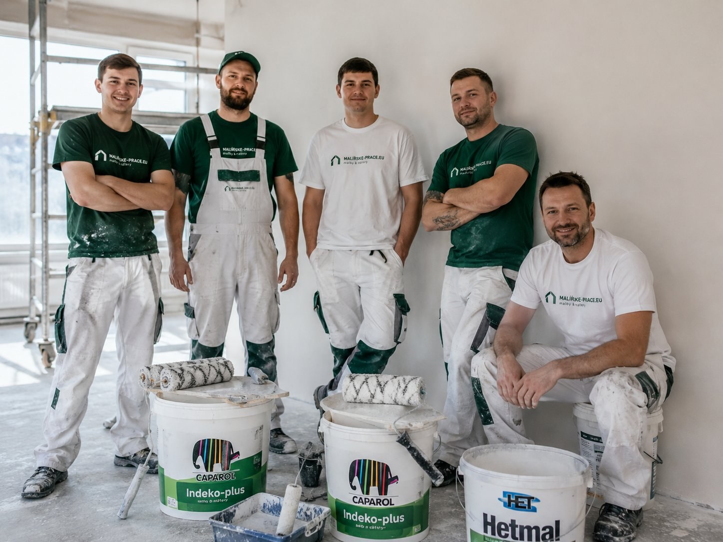 Tým malířů malirske-prace.eu — 5 řemeslníků na stavbě s Caparol barvami